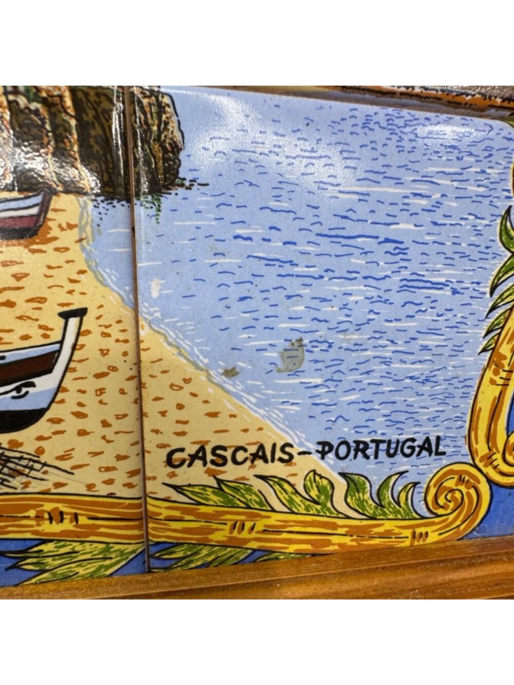 Portuguese Tile Serving Tray Wooden Frame & Handles Cascais Coastal Scene 17X10 - Picture 6 of 9
